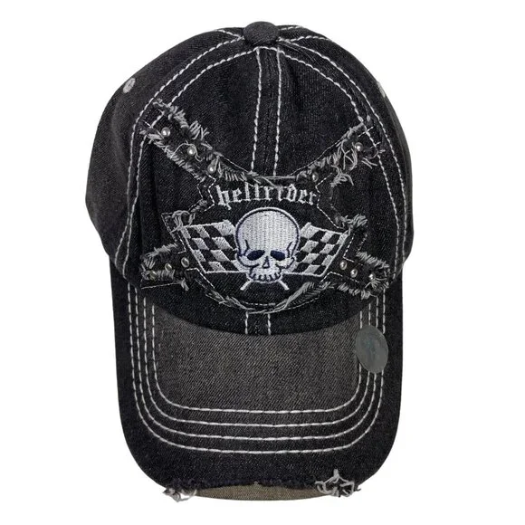 Aslan Black Distressed Embroidered “Hellrider” Scull Adjustable Baseball Hat - Picture 1 of 10